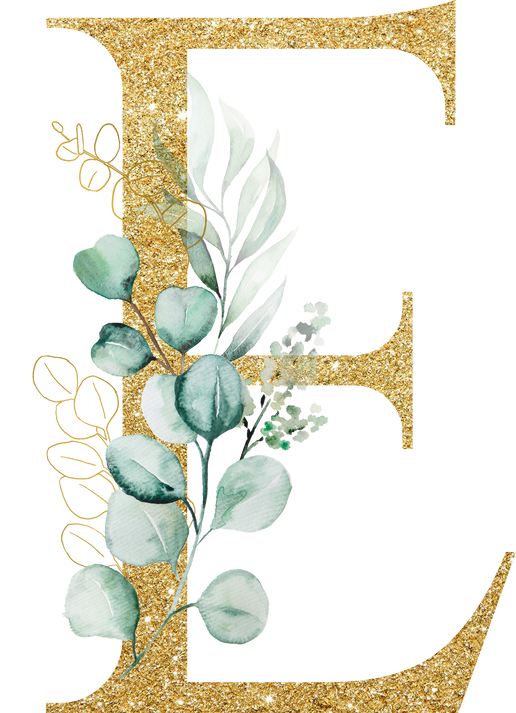 Golden Letter E Decorated with Green Watercolor Eucalyptus Branches and Leaves Isolated