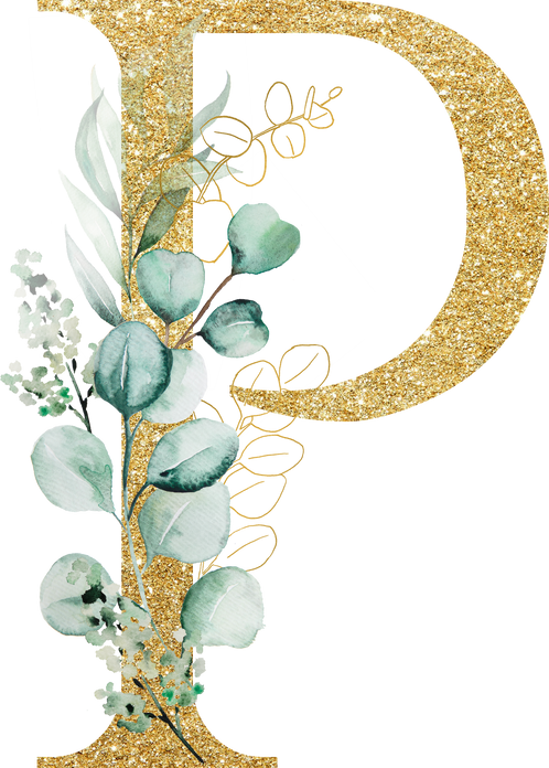 Golden Letter P Decorated with Green Watercolor Eucalyptus Branches and Leaves Isolated