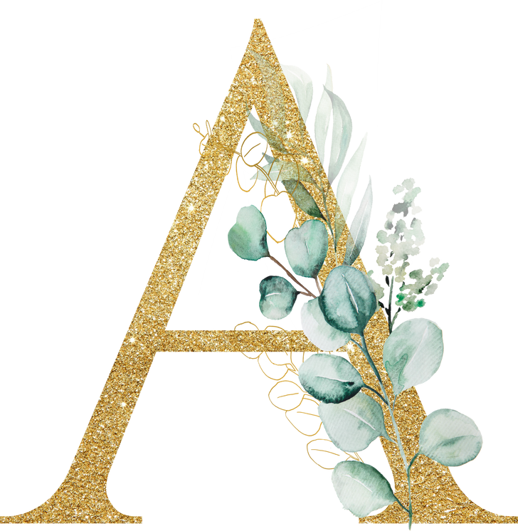 Golden Letter a Decorated with Green Watercolor Eucalyptus Branches and Leaves Isolated